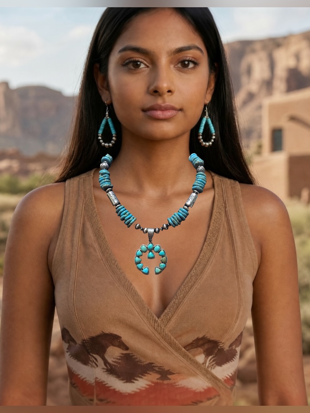 Sterling Silver Navajo Pearls Turquoise Squash Blossom Naja Pendant Necklace - Picture 3 of 10